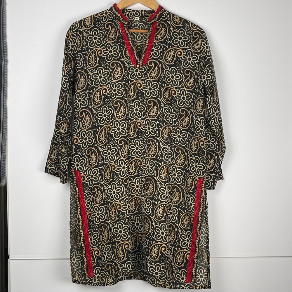 Black and Gold Patterned Linen Tunic with Red Accents